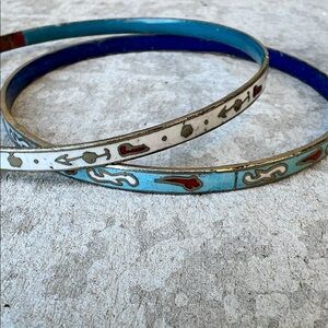 Vintage Blue and White Metal Abstract Arrow and Shapes Ethnic Pattern Bangle Set